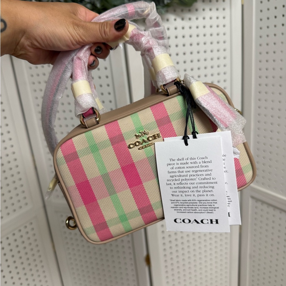 Coach Mini Satchel Crossbody Bag Pink Plaid Gold Handbag NWT - Picture 7 of 15